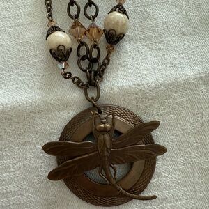 Dragonfly Pendant Necklace with Beads and Matching Earrings